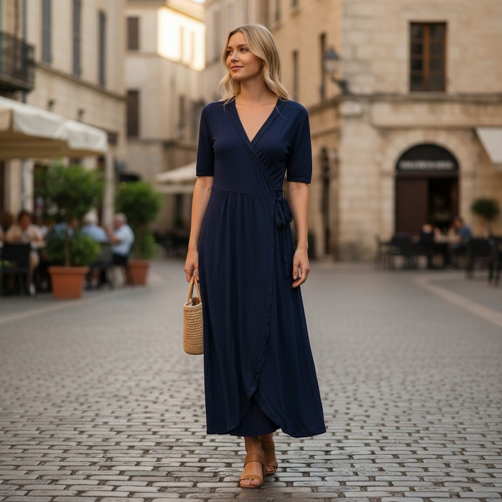 NEW Quince Women's L Tencel Jersey Midi Wrap Dress Navy Short Sleeve Timeless